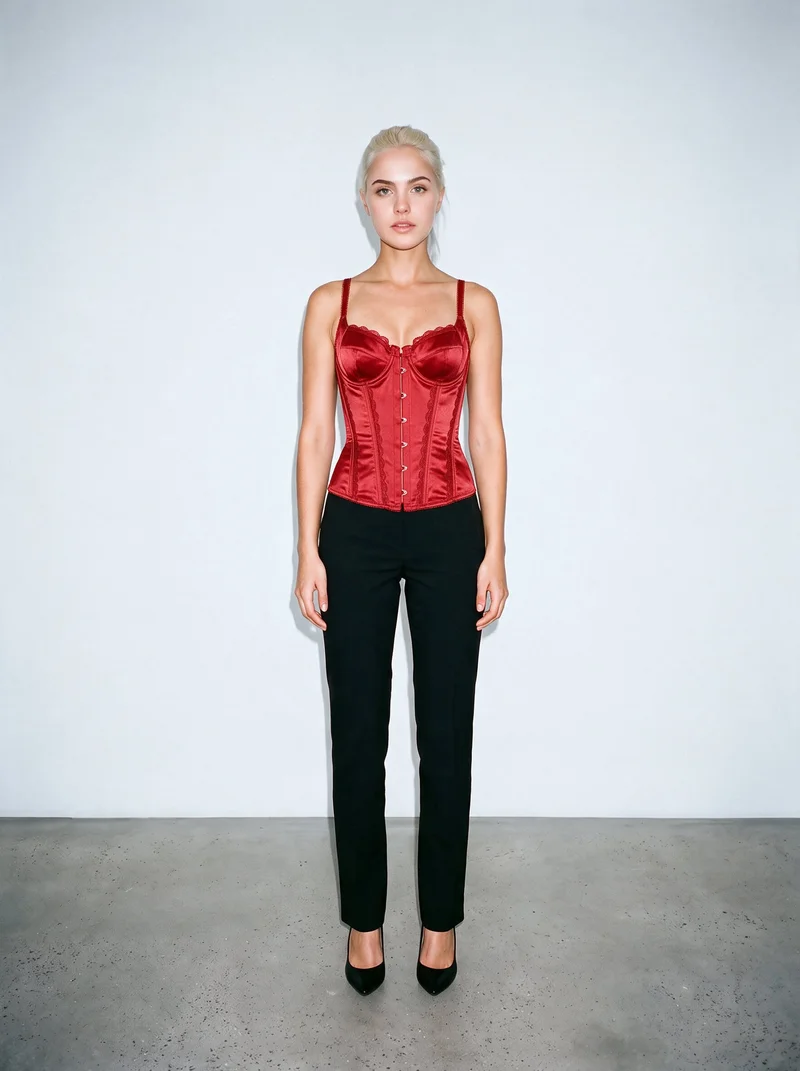 A 24-year-old Caucasian woman stands straight in a full-body front view wearing a red satin basque. Her sultry expression and the Alice Blue studio-wall backdrop are visible.