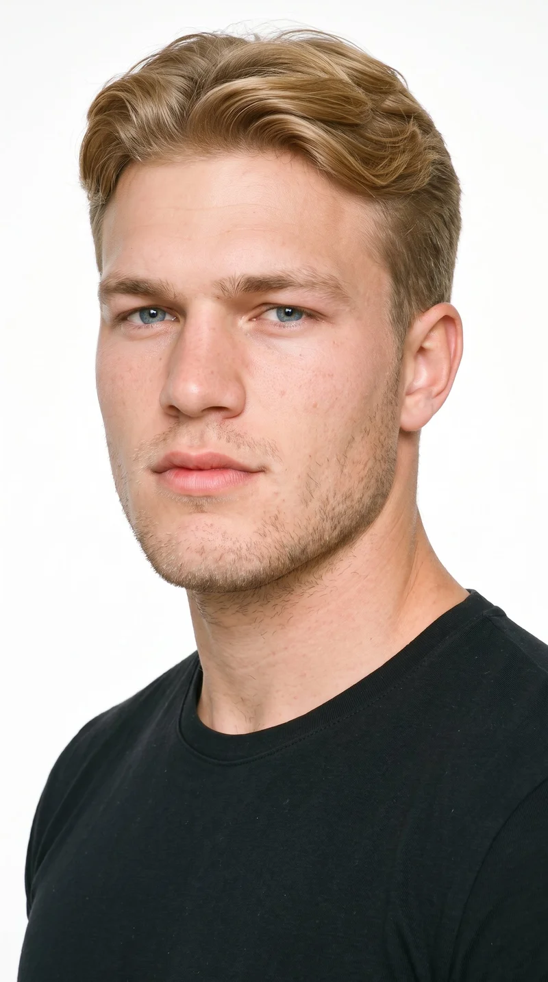A 21-year-old Caucasian man with fair skin and a neutral undertone has a rugged face with weathered, characterful features and a heavy jaw. His medium-thickness eyebrows frame blue eyes with a cool undertone, and he has full lips. His honey-blonde hair is cut in a taper, gradually shortening at the sides and neckline while retaining length on top. Fine, closely trimmed light stubble covers the beard area.
