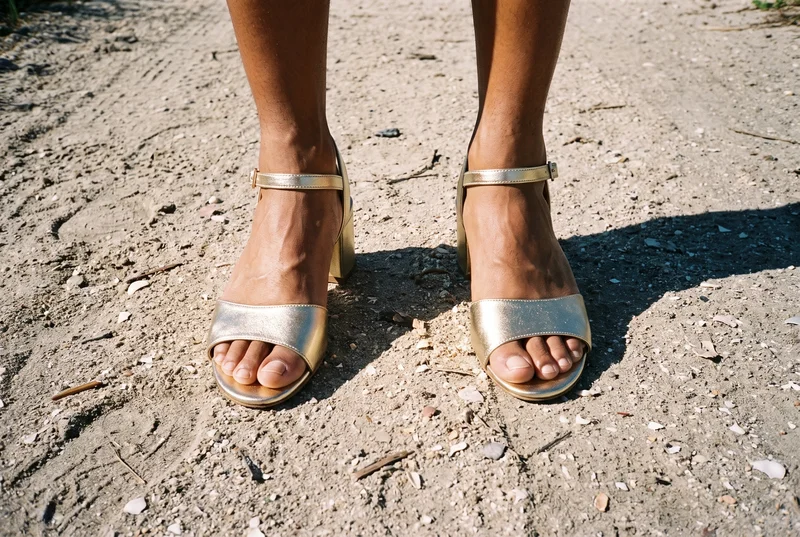Both feet wearing men's gold heeled sandals, positioned apart and viewed from the front. A Cape Cod beach house backdrop is visible.