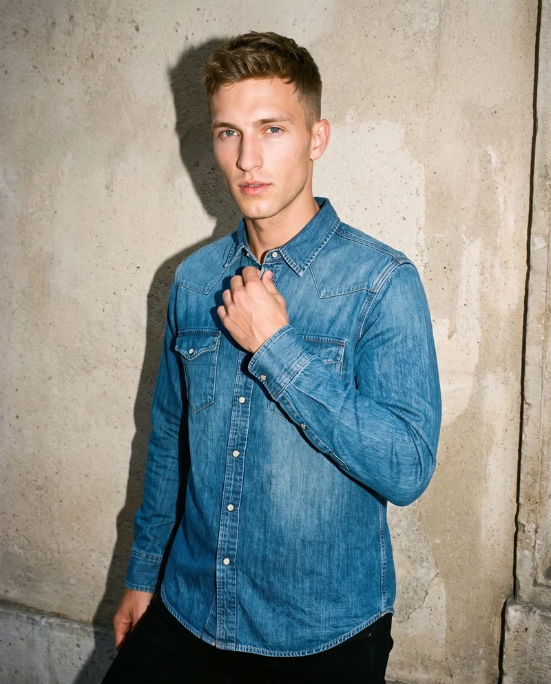Mid-Wash Western Denim Shirt, Upper body at Angled front, Flash Editorial lighting