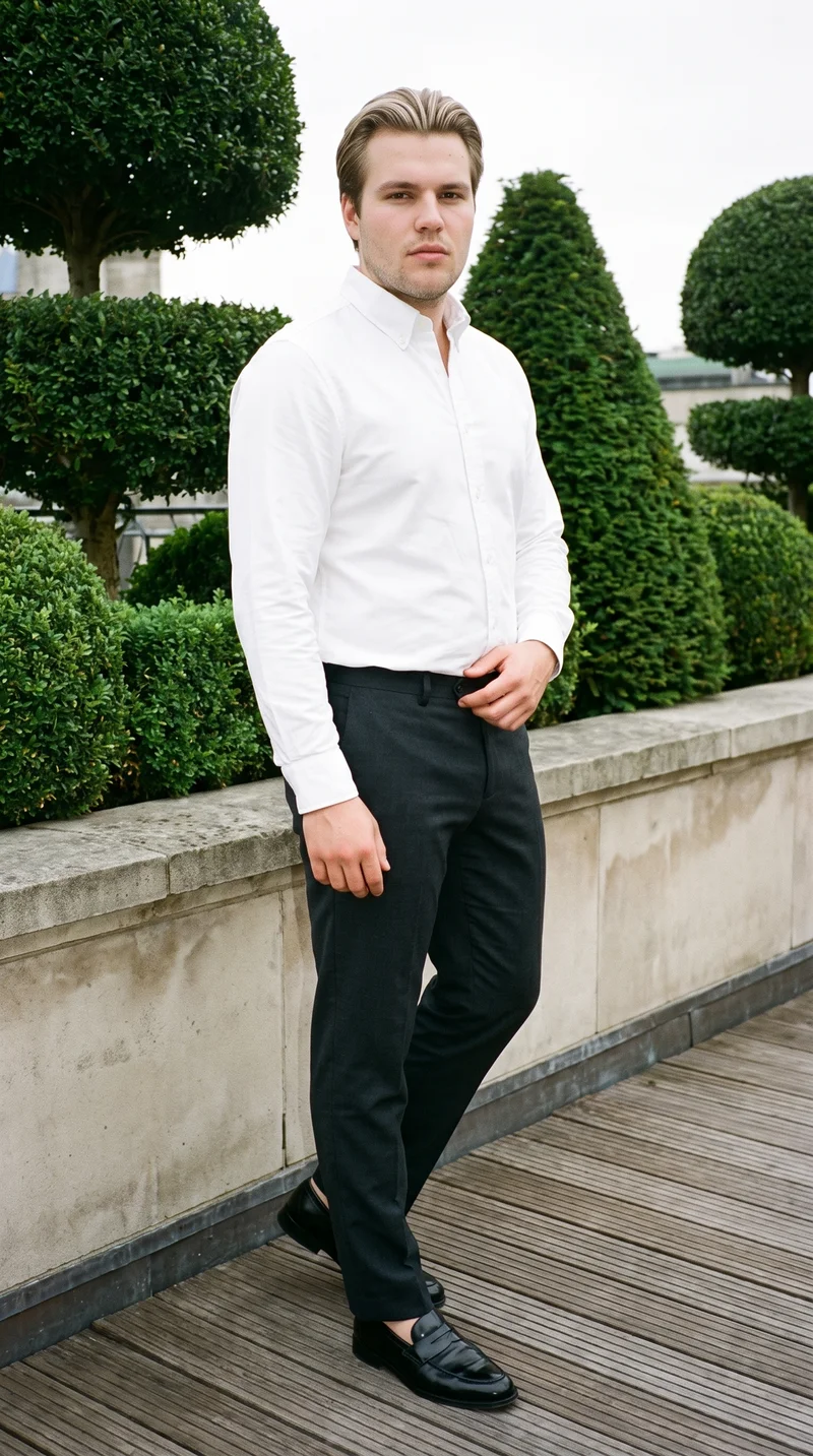 A 20-year-old Slavic male model wears a white Oxford shirt in a full-body view from a front three-quarter angle. He stands with one foot forward and a soft facial expression against a rooftop garden backdrop.