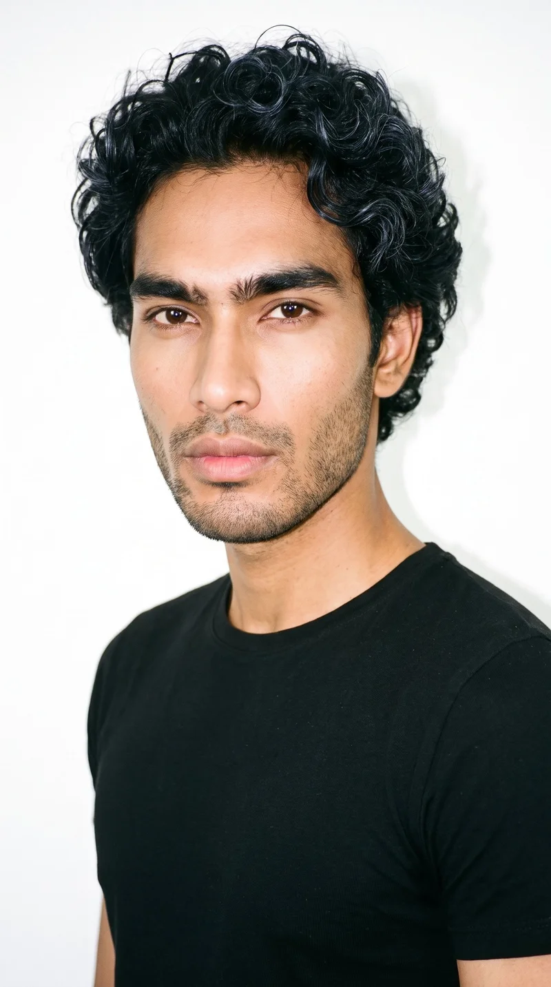 A 26-year-old Southeast Asian man with lightly tanned fair skin and a neutral undertone. His face has smooth, even, softer features in a refined balance, with thick eyebrows, very dark near-black eyes, and full lips. His black hair forms defined, springy curls with natural volume, and he has short, even beard growth with a clearly visible, closely groomed texture.