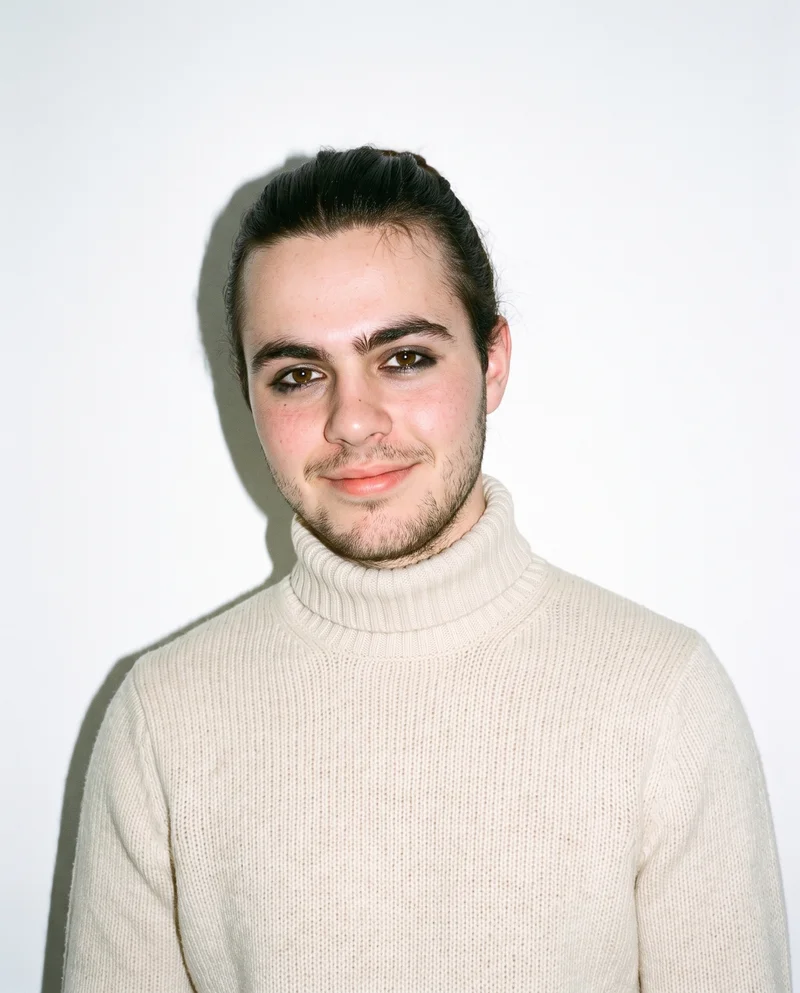 Men's Cream Knit Turtleneck, Bust at Front, Natural E-Commerce lighting