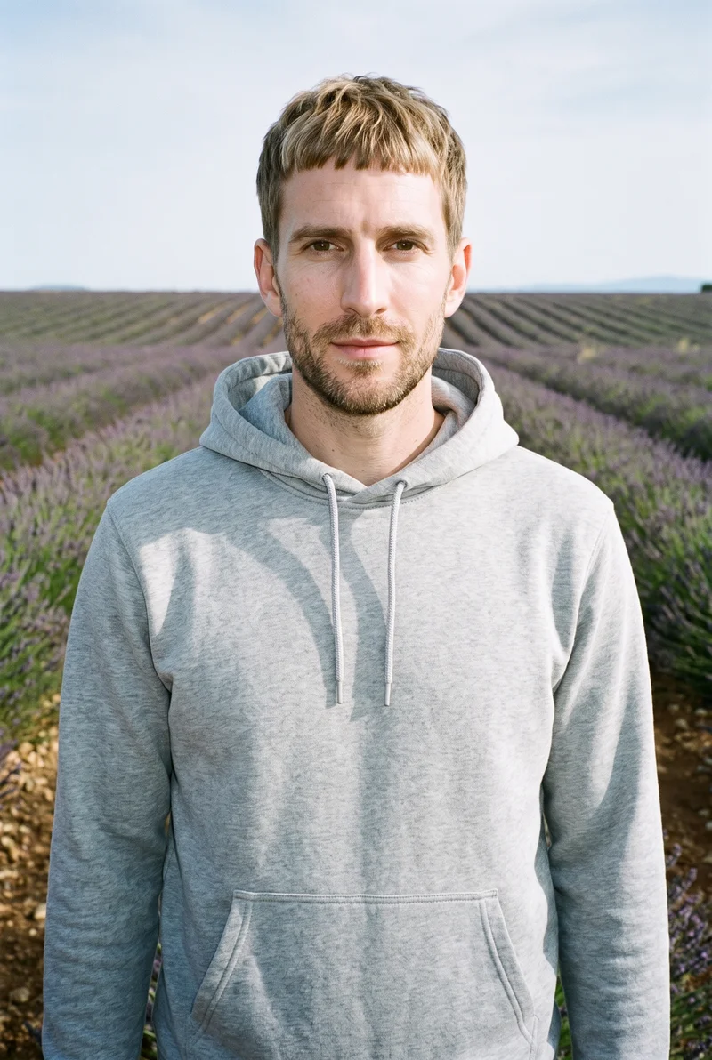 Men's Grey Pullover Hoodie, Bust at Front, Natural E-Commerce lighting