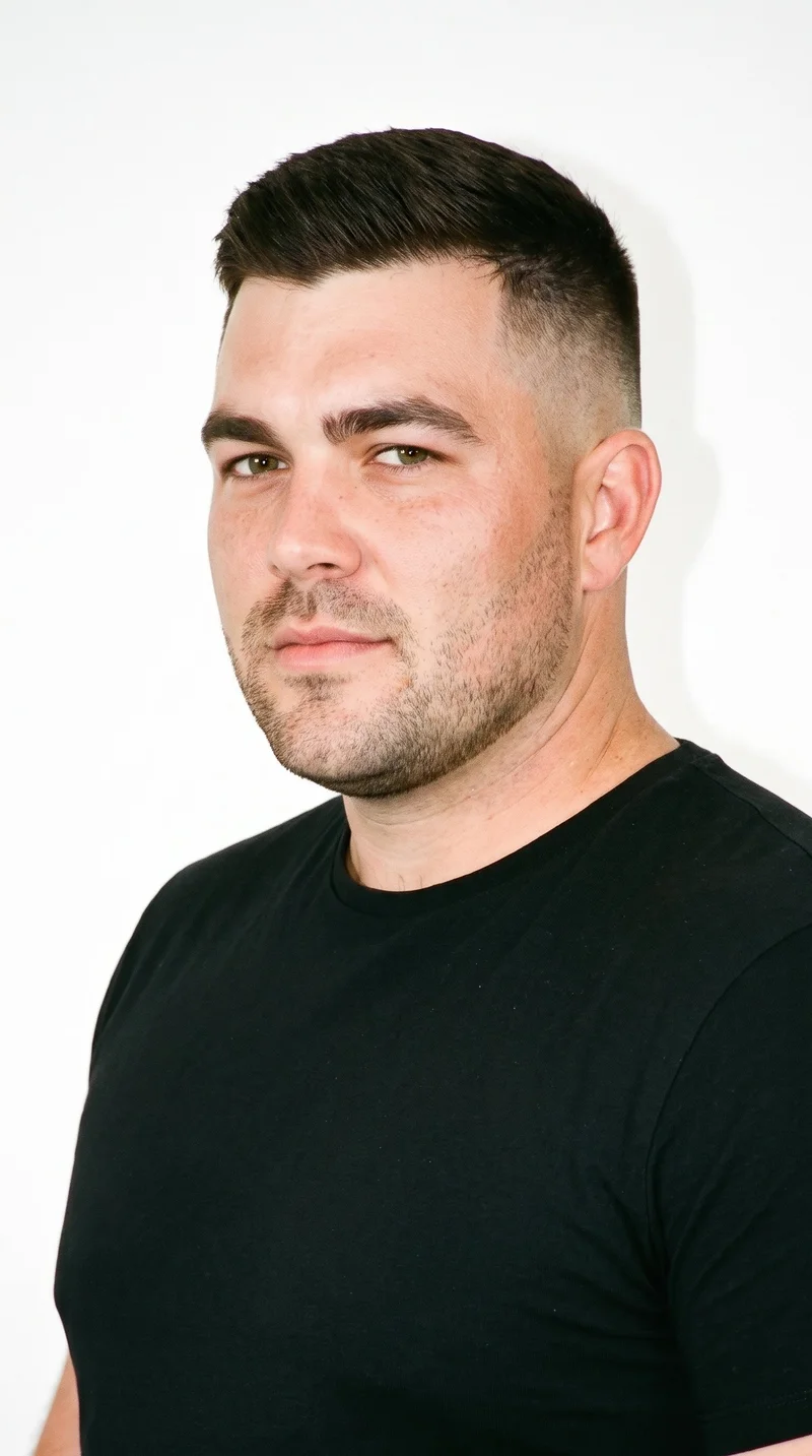 A 30-year-old Caucasian man with medium olive skin and a warm greenish-golden undertone. His rugged face has weathered, characterful features and a heavy jaw, with thick eyebrows, brown eyes, and medium lips. His dark-brown hair is longer on top and tapers to very short sides that blend down to the skin. Very short facial-hair growth creates a faint, even shadow across the beard area.