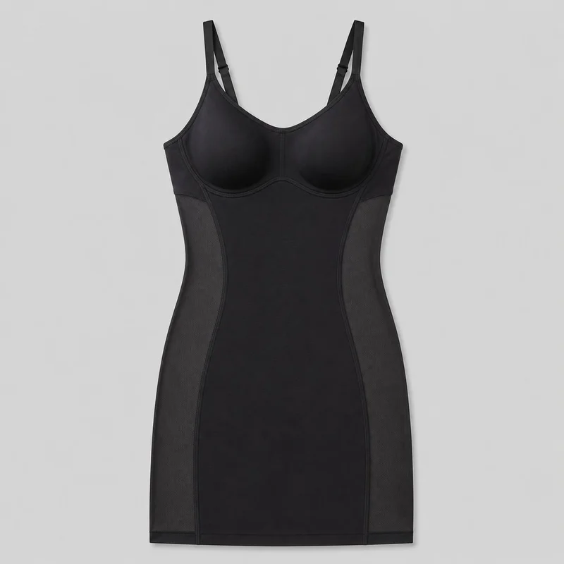 A black bodycon shaping slip dress is shown laid flat in a complete front view. It has a scoop neckline, narrow adjustable shoulder straps with visible sliders, molded underwire cups, curved cup seams, a central seam below the bust, vertical shaping seams through the torso, contrasting sheer side panels, and a straight mini-length hem.