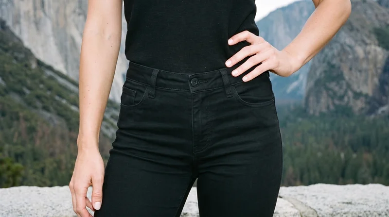 Women's black chinos shown in a front view, framed at the waistline, with a hand resting low on the waist. A Yosemite Valley backdrop is visible.