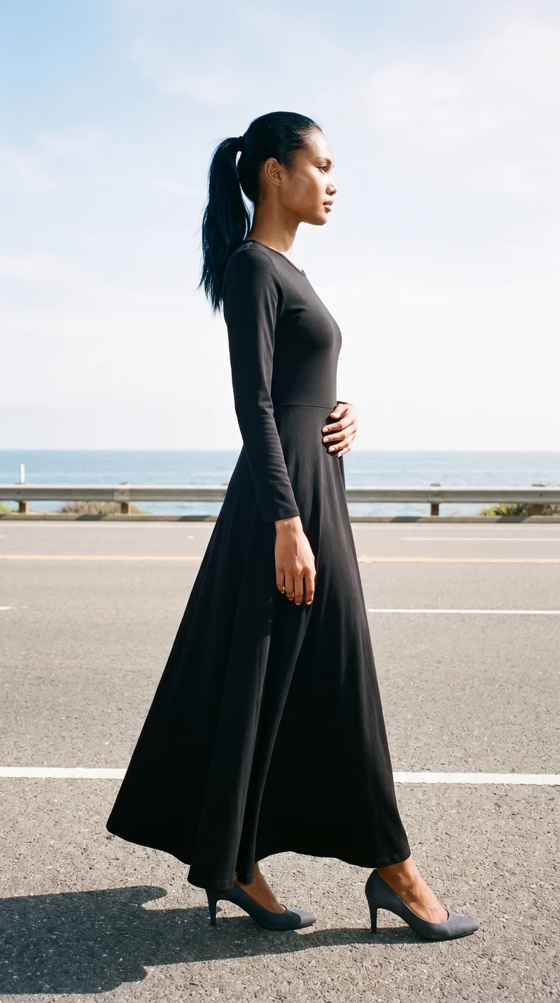 Black Modest Maxi Dress, Full body at Side, Clean Catalog lighting