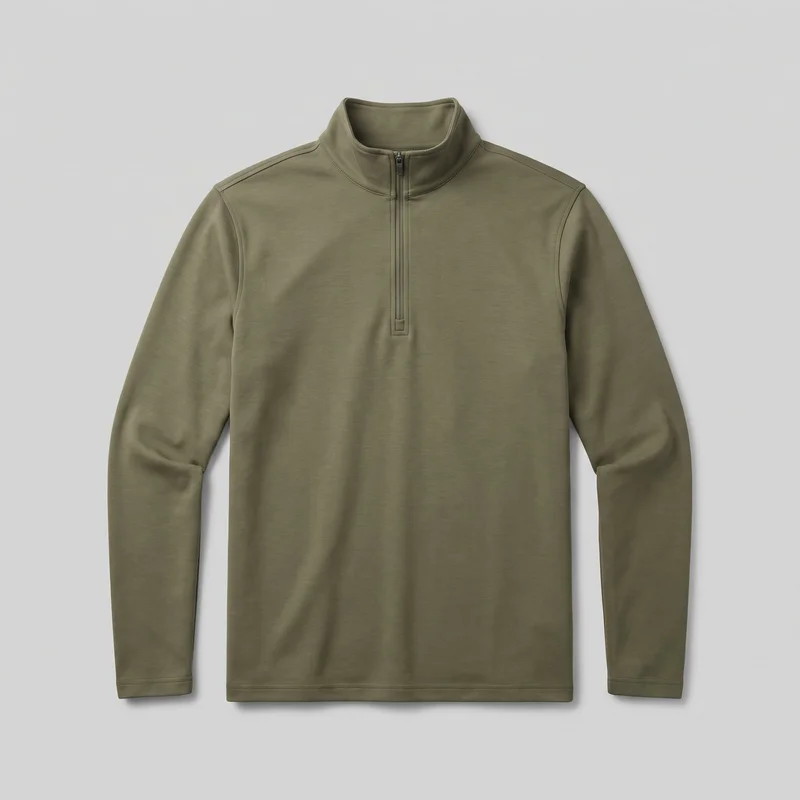 An olive adult men's quarter-zip pullover is shown laid flat in a complete front view. It has a stand/mock neck, a centered partial zipper with a visible pull and rectangular placket base, set-in long sleeves with cuff hems, stitched shoulder and sleeve seams, a straight full-length body, and a straight bottom hem. No pockets, logos, prints, patches, embroidery, or embellishments are visible.