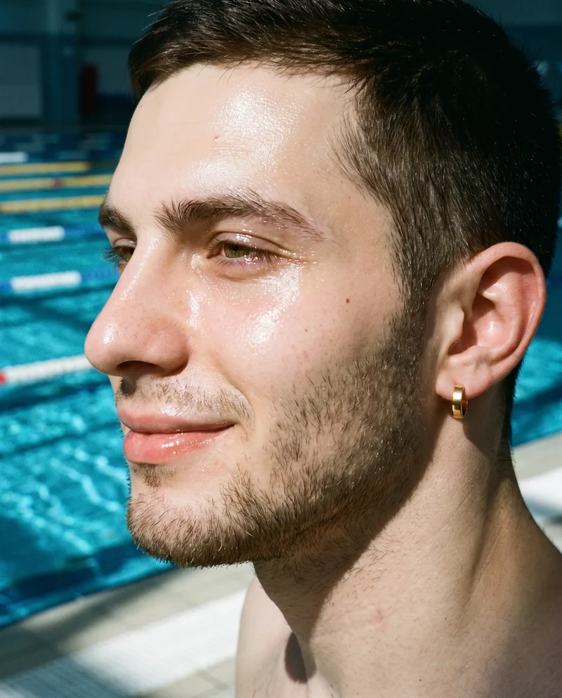 Men's Gold Ear Cuffs, Head at Side, Flash Editorial lighting
