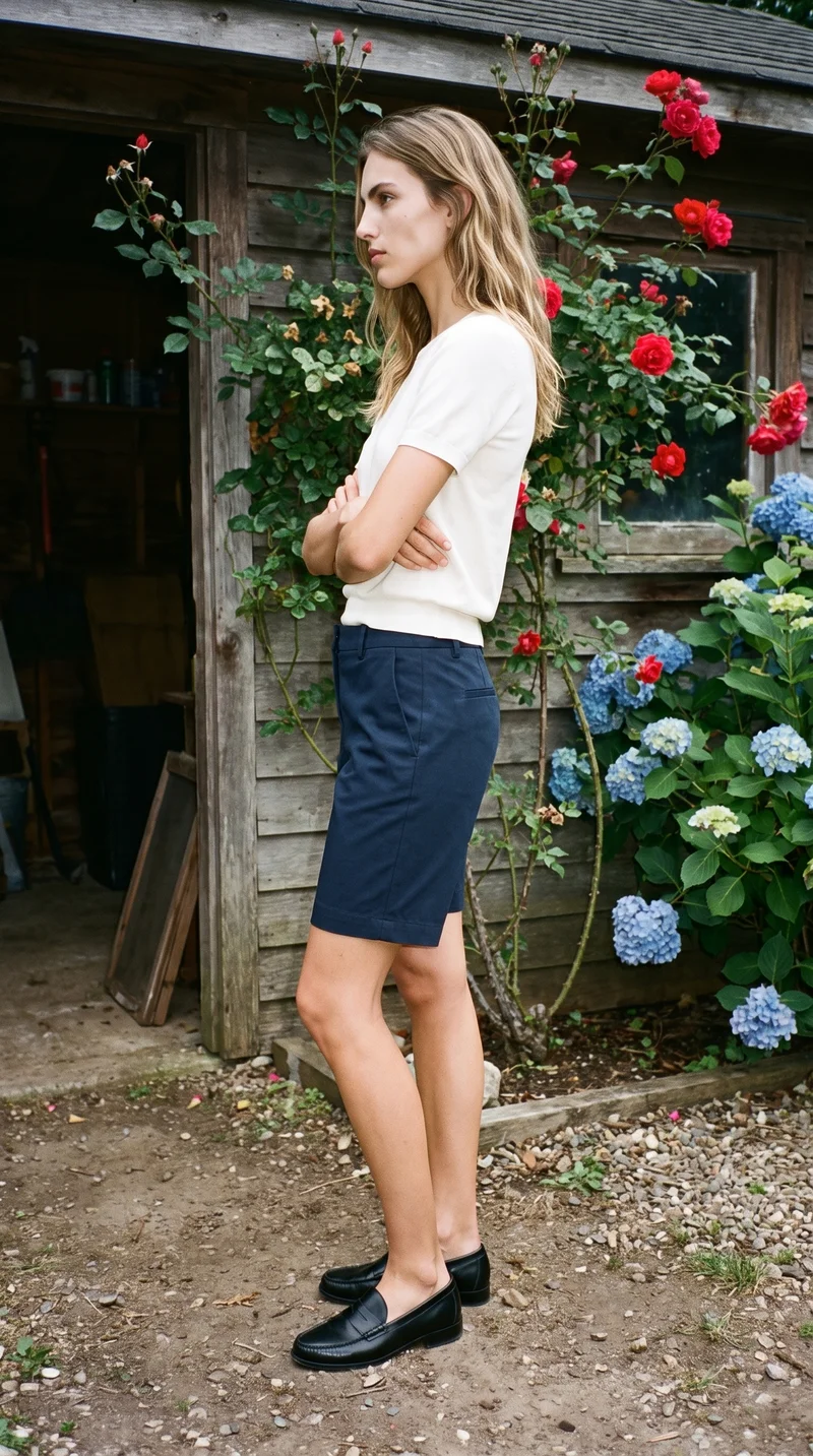 A 19-year-old Caucasian woman wears women's navy tailored shorts in a full-body side view. Her arms are held low and her expression is soft. A garden shed forms the backdrop.