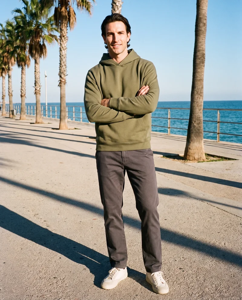 A 40-year-old Caucasian man wears a men's olive oversized pullover hoodie in a full-body front three-quarter view. He is smiling and holding himself in a self-hug pose, with a waterfront promenade and palm trees as the backdrop.