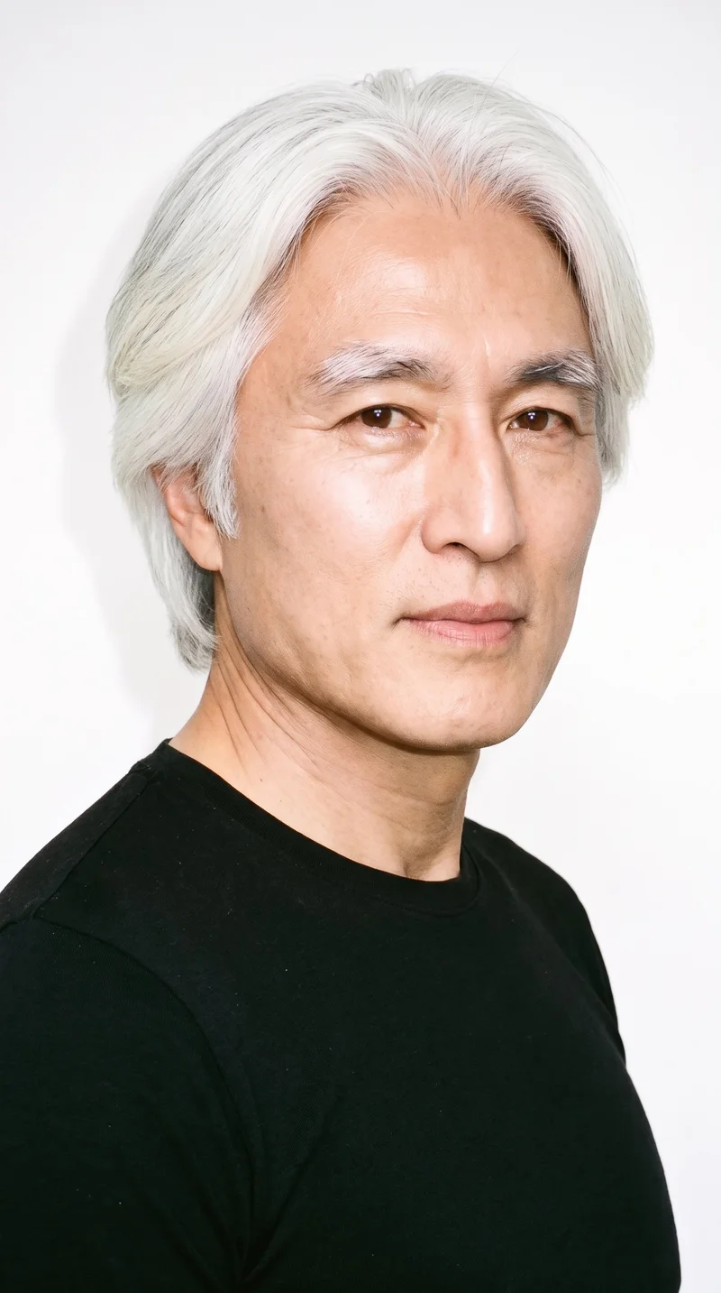 A 56-year-old Korean man with fair skin and a neutral undertone has a weathered face with strongly defined structure. He has thick eyebrows, very dark near-black eyes, and thin lips. His white hair is parted at the centre and falls evenly to both sides. He is clean-shaven, with smooth skin across the entire face.