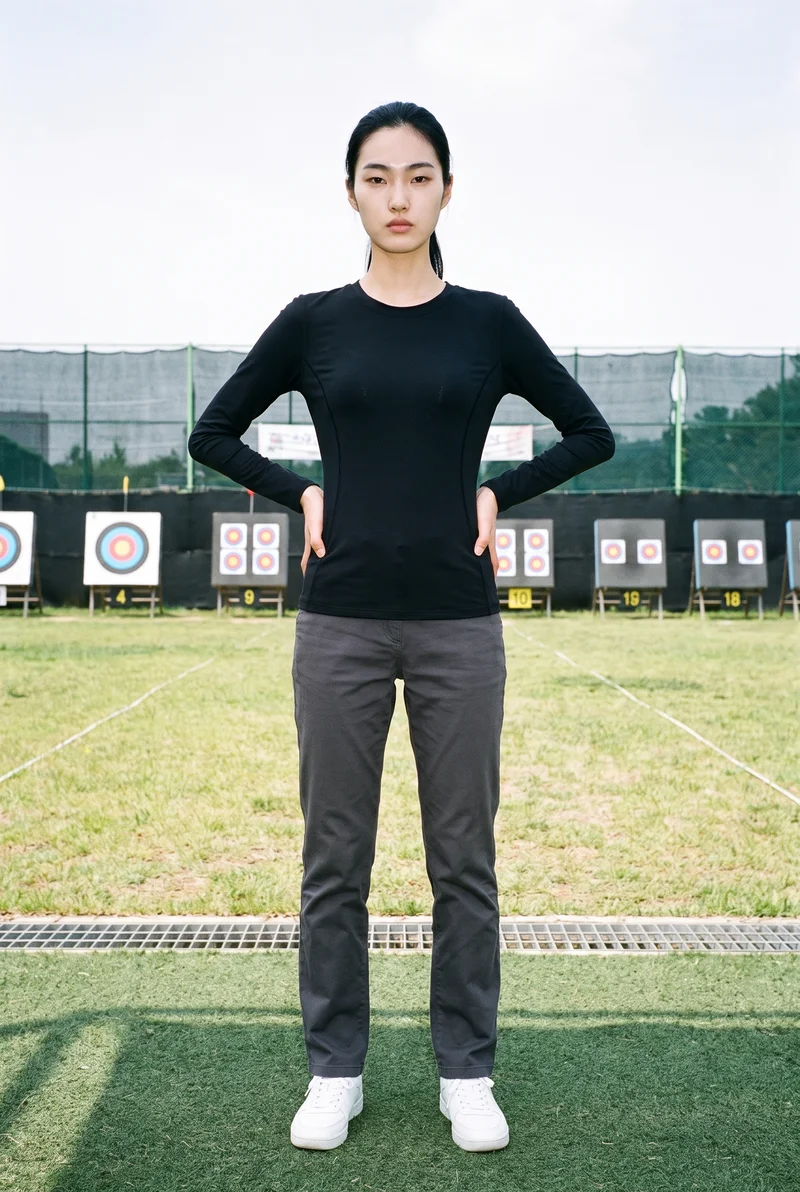 A 19-year-old Korean woman wears a black compression base layer in a full-body, front-facing view with a wide stance and neutral expression. An archery range forms the backdrop.