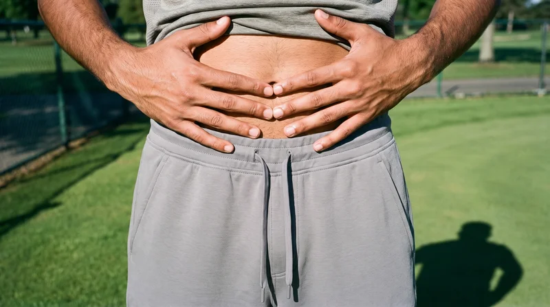 Men's grey tapered performance joggers shown from the front, framed at the waistline with the model's hands around his waist. A golf course fairway serves as the backdrop.