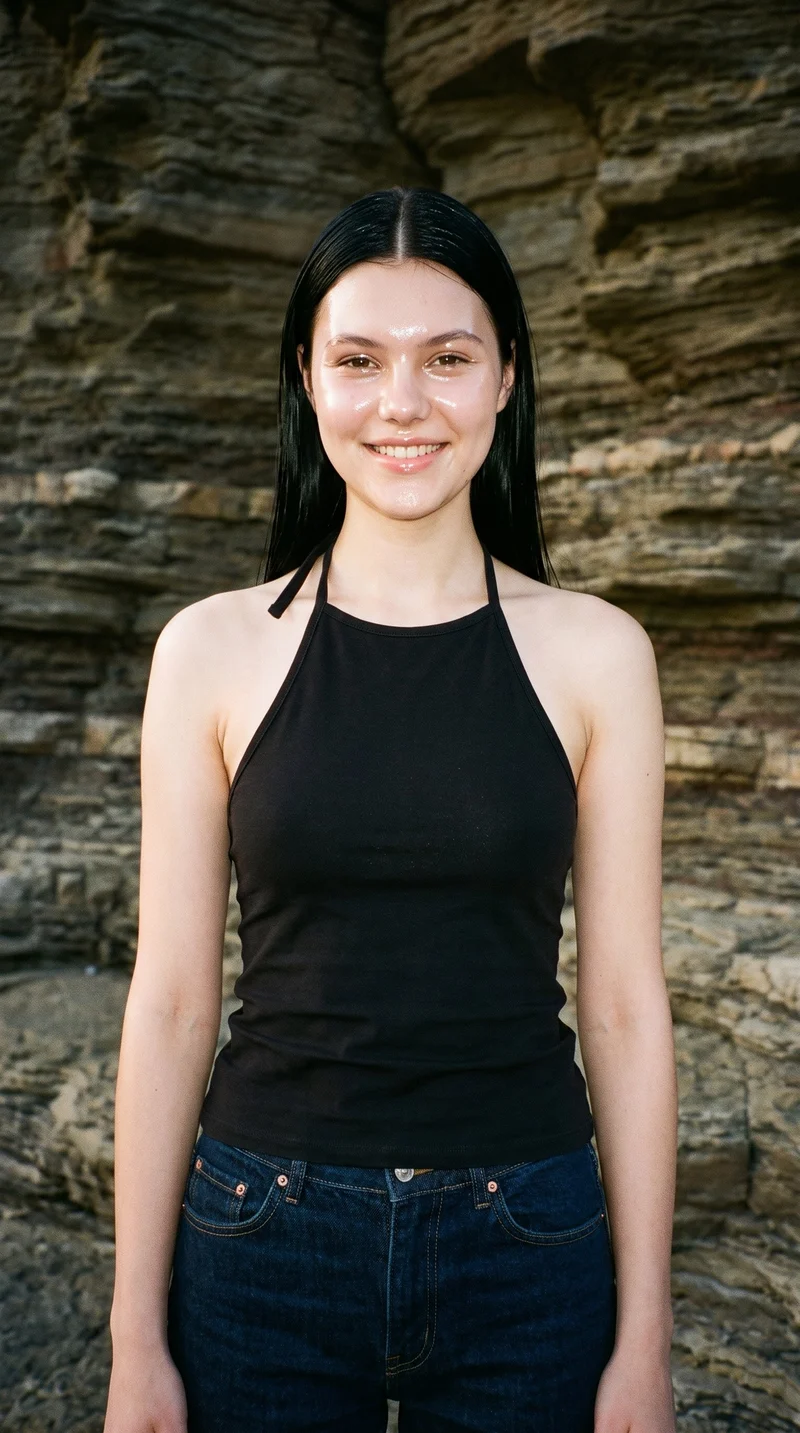 A 19-year-old Caucasian woman is shown from the upper body in a front view wearing a black halter top. Her arms are relaxed and her expression is natural, with a Badlands backdrop.