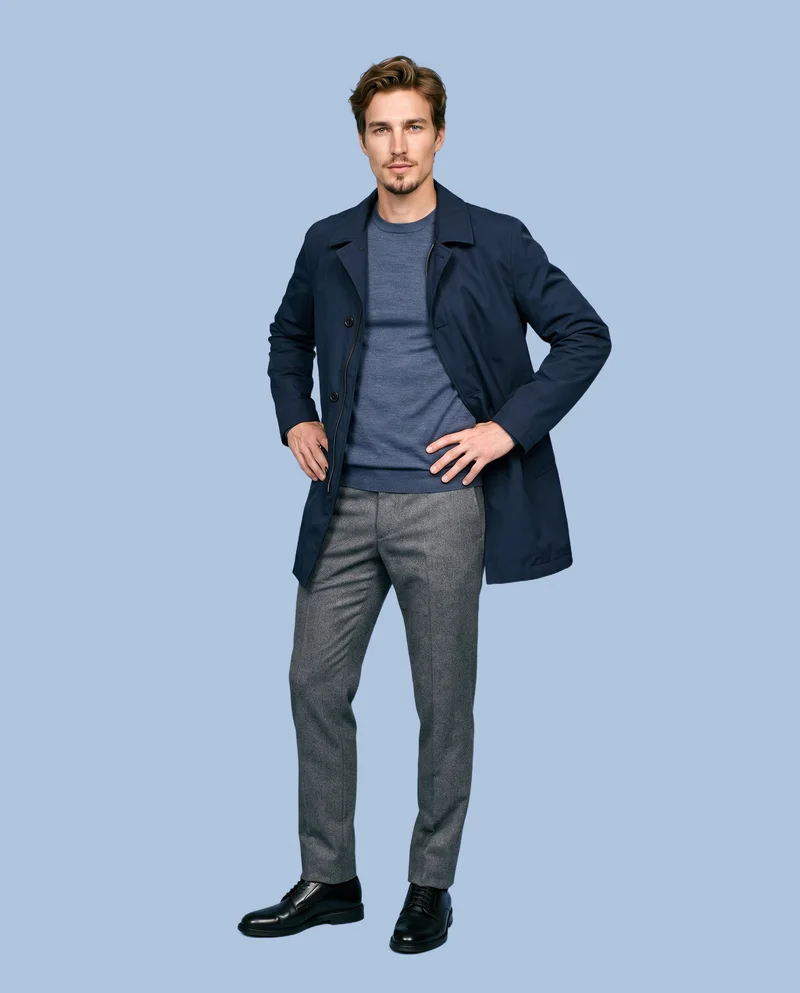 A 34-year-old Caucasian man wears a navy waterproof raincoat in a full-body view from a front three-quarter angle. He stands with a wide stance and a natural expression against a flat powder-blue backdrop.