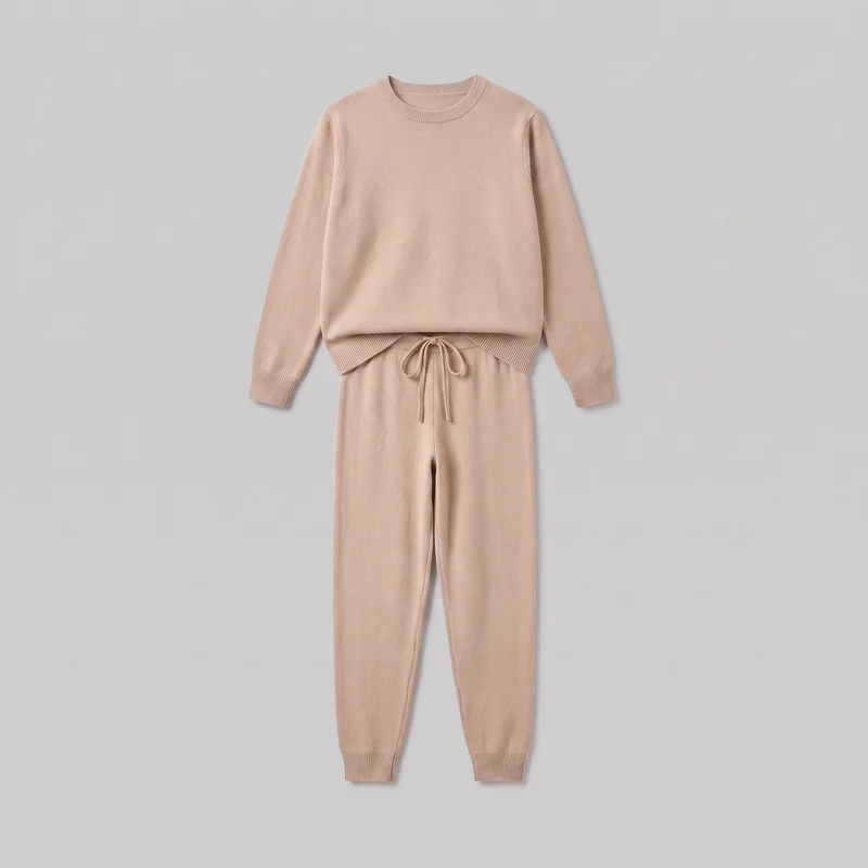 Matching beige knit loungewear set laid flat in a standalone front view. The set includes a relaxed crew-neck pullover with a ribbed neckband, dropped shoulders, long sleeves, ribbed cuffs, and a straight ribbed hem, paired with full-length tapered jogger pants featuring an elastic waistband, visible center drawstring tied in a bow, and ribbed ankle cuffs.