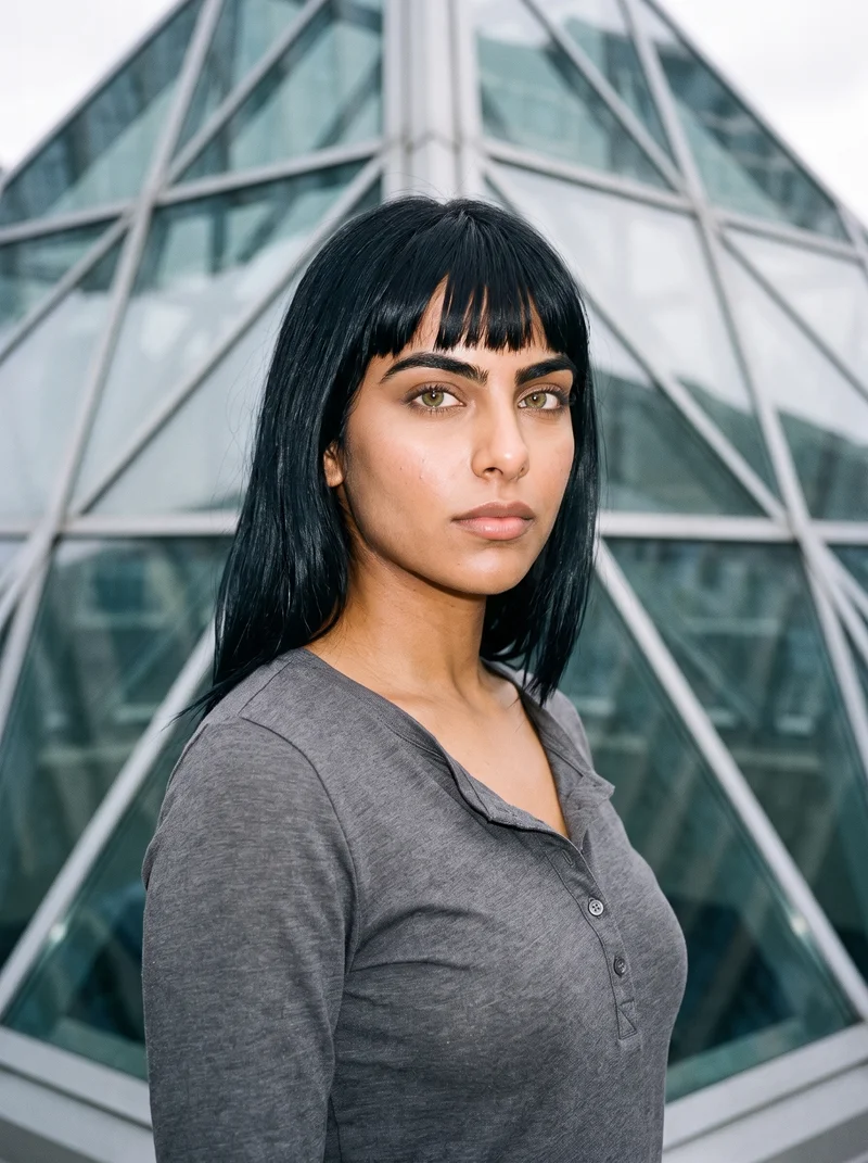 A 26-year-old Indian woman wears a women's charcoal henley top in a bust-length composition, shown from a front three-quarter angle with a shoulder-drop pose and neutral expression. A pyramid building serves as the backdrop.