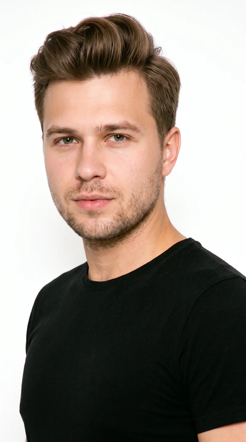 A 27-year-old Slavic man with a lightly tanned fair complexion and peach undertone. His round face has soft, full contours with gentle curves and few angles. He has medium-thickness eyebrows, green eyes, and medium-sized lips. His neutral brown hair is styled up and back at the front for added height, with shorter sides. Dense heavy stubble forms a dark, defined layer across the beard area.