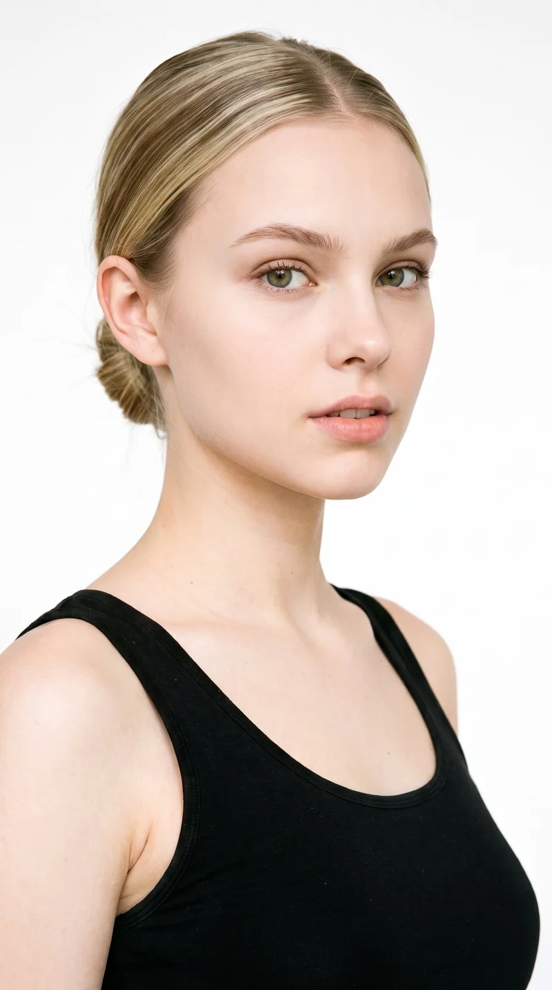 An 18-year-old Caucasian woman with porcelain skin and a warm golden undertone has an oval face with balanced proportions and a softly rounded jaw. She has medium-thickness eyebrows, green eyes, and thin lips. Her mid-tone blonde hair is smoothed back into a neat low bun at the nape.