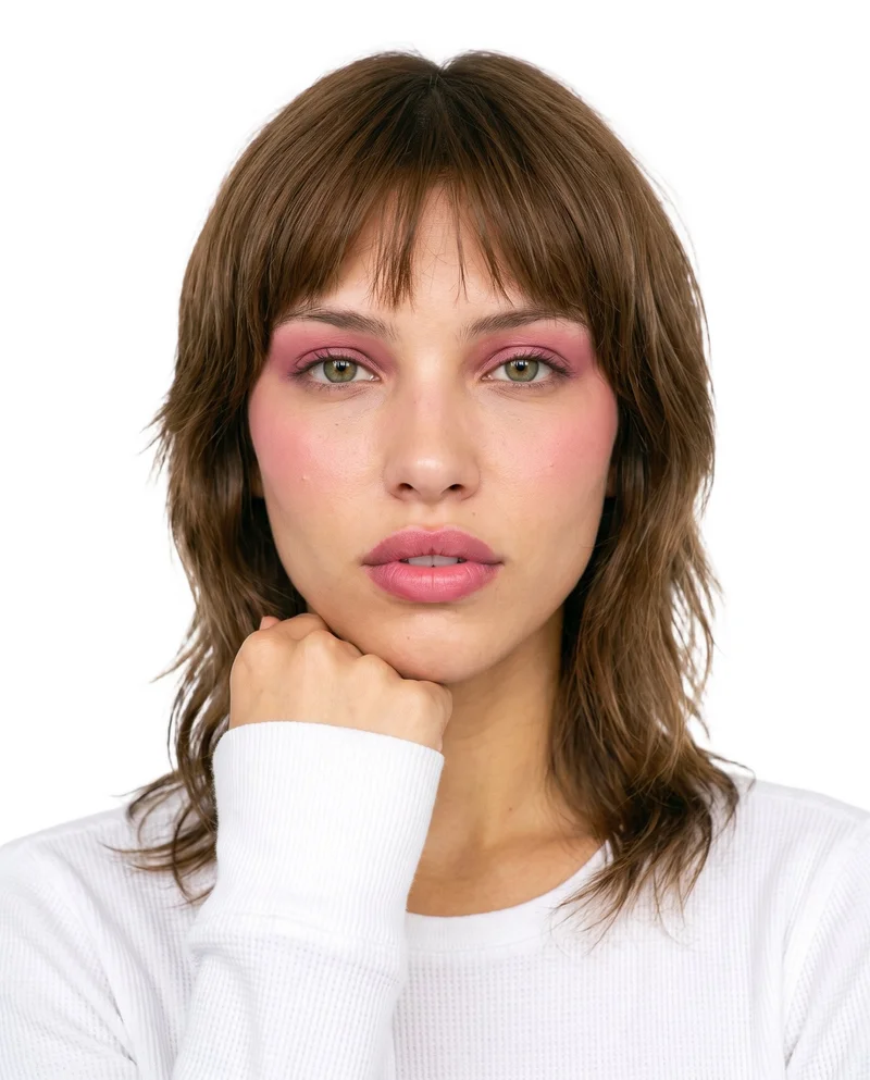 An 18-year-old Hispanic woman is shown in a front-view bust composition wearing a white base-layer thermal top. Her wrist is positioned at her jaw, and she has a neutral expression against a pure white backdrop.