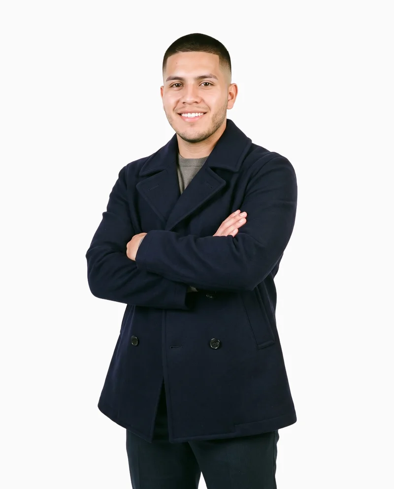 Men's Navy Double-Breasted Wool Coat, Three-quarter length at Three-quarter, Studio Cutout lighting
