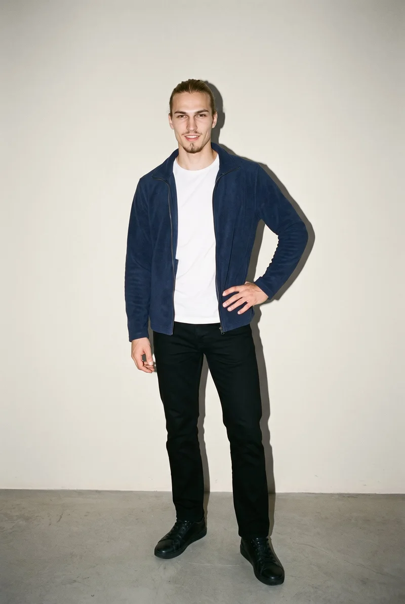 Men's Navy Zip-Up Fleece Jacket, Full body at Front, Flash Editorial lighting