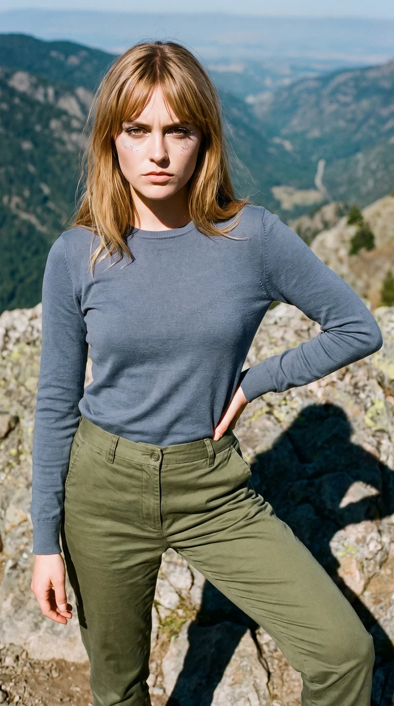 Women's Olive Tapered Chinos, Three-quarter length at Three-quarter, Flash Editorial lighting