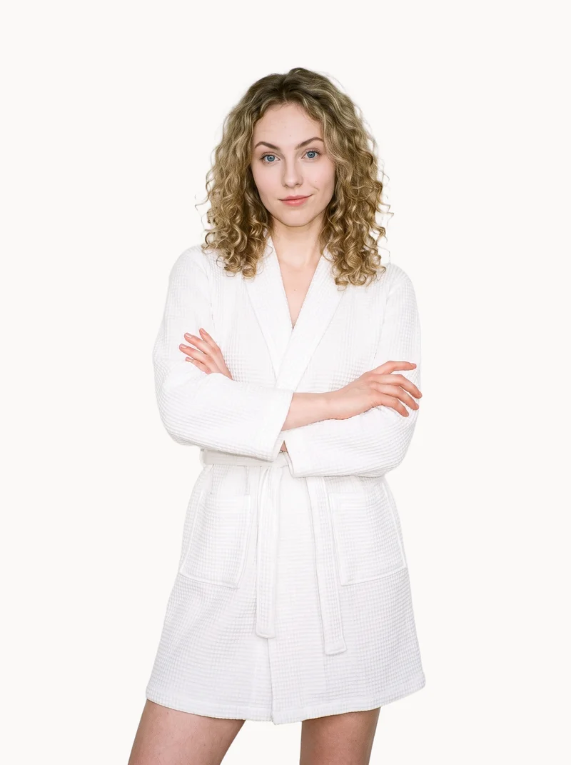 Women's White Waffle Robe, Three-quarter length at Front, Studio Cutout lighting