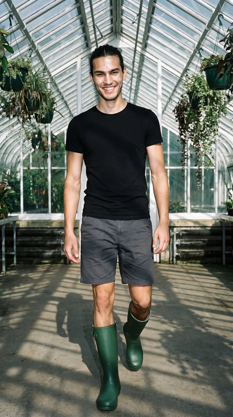 A 19-year-old Caucasian man is shown full-body from the front while walking and grinning, wearing green Wellington boots. A greenhouse conservatory forms the backdrop.