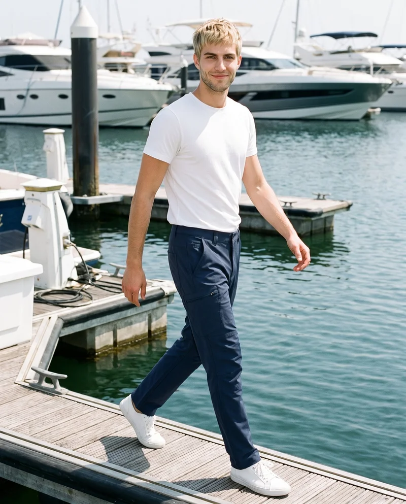 A 23-year-old Caucasian man wears navy hiking trousers in a full-body, angled-front view while walking with a natural expression. A golden marina yacht harbor forms the backdrop.