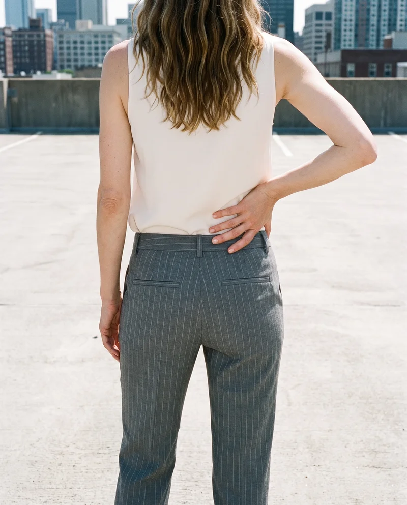 A 51-year-old Caucasian woman models grey pinstripe suit trousers in a three-quarter-length back view, with one hand on her lower back. A parking garage rooftop forms the backdrop.