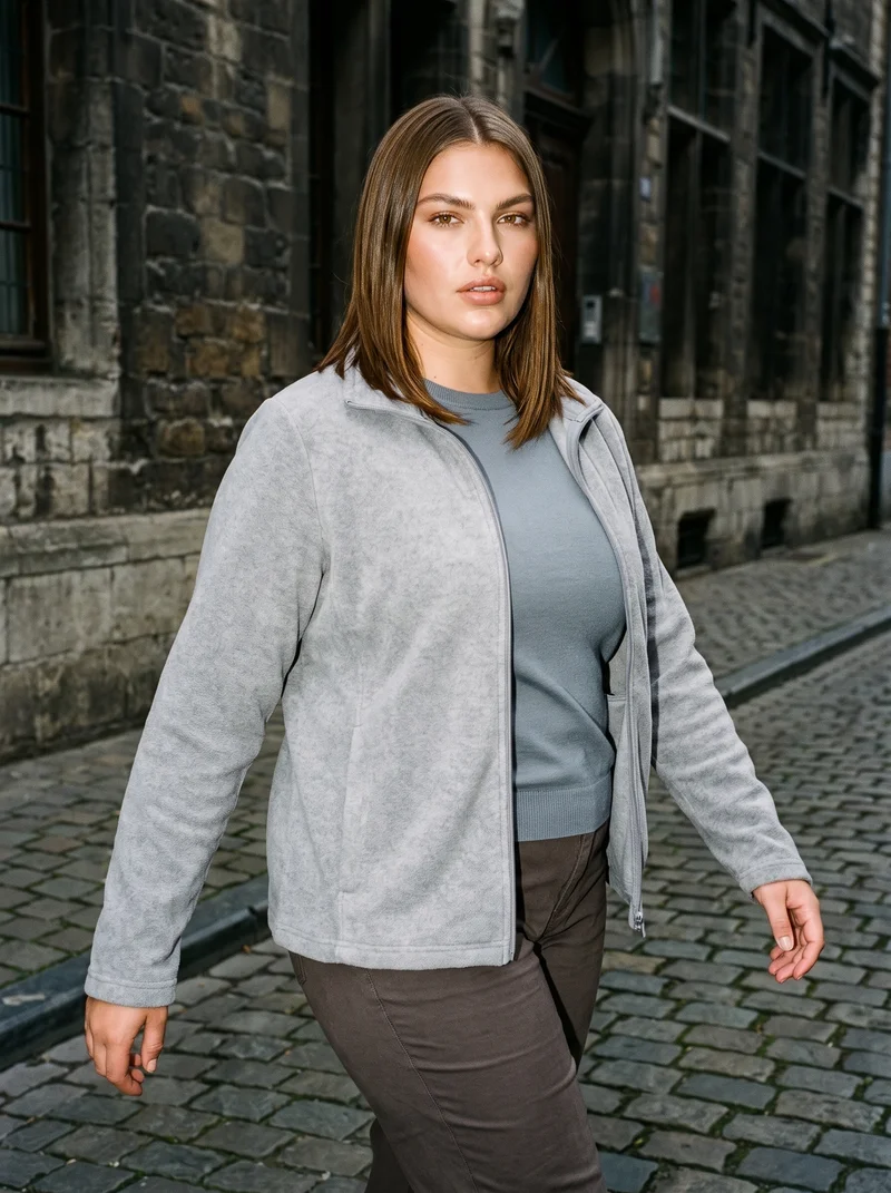 A 20-year-old Caucasian woman wears a grey fleece jacket, shown in a relaxed standing pose from a front three-quarter angle. The 3/4-length composition includes a confident facial expression and a Belgian cobblestone-street backdrop.