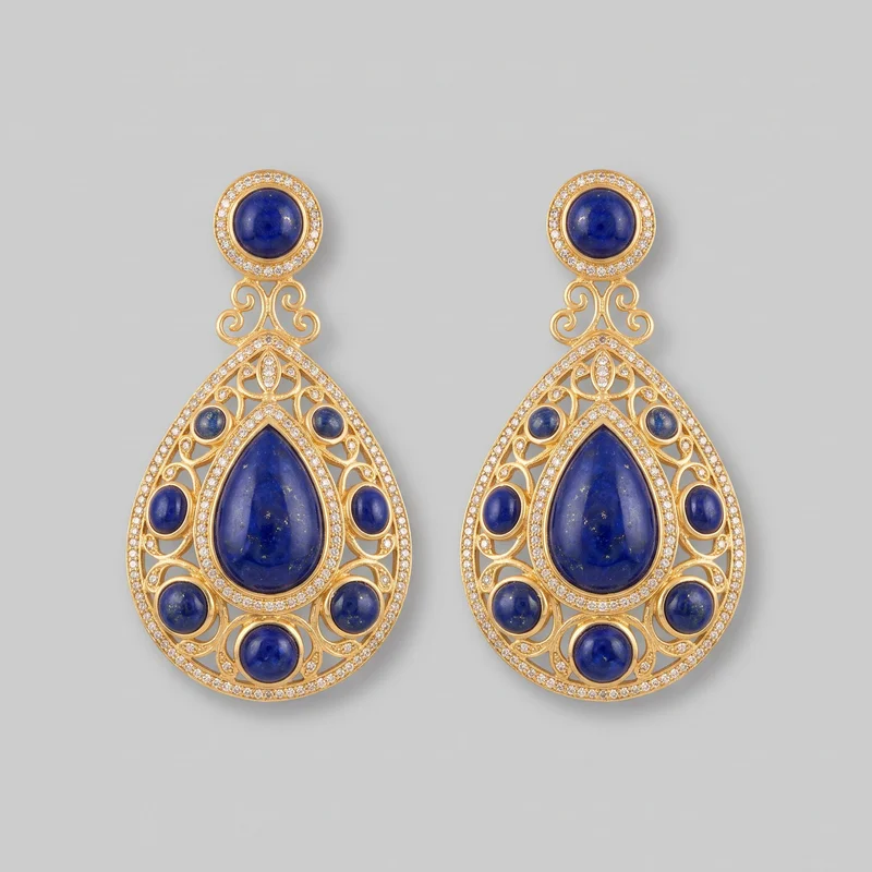 A matching pair of ornate gold-tone chandelier drop earrings is shown front-facing against an unspecified backdrop. Each earring has a circular, stud-like top with a raised round blue cabochon, connected to an openwork teardrop-shaped drop featuring a large central teardrop blue cabochon, smaller round blue cabochons, curled scroll motifs, nested teardrop outlines, and clear pavé stone borders.