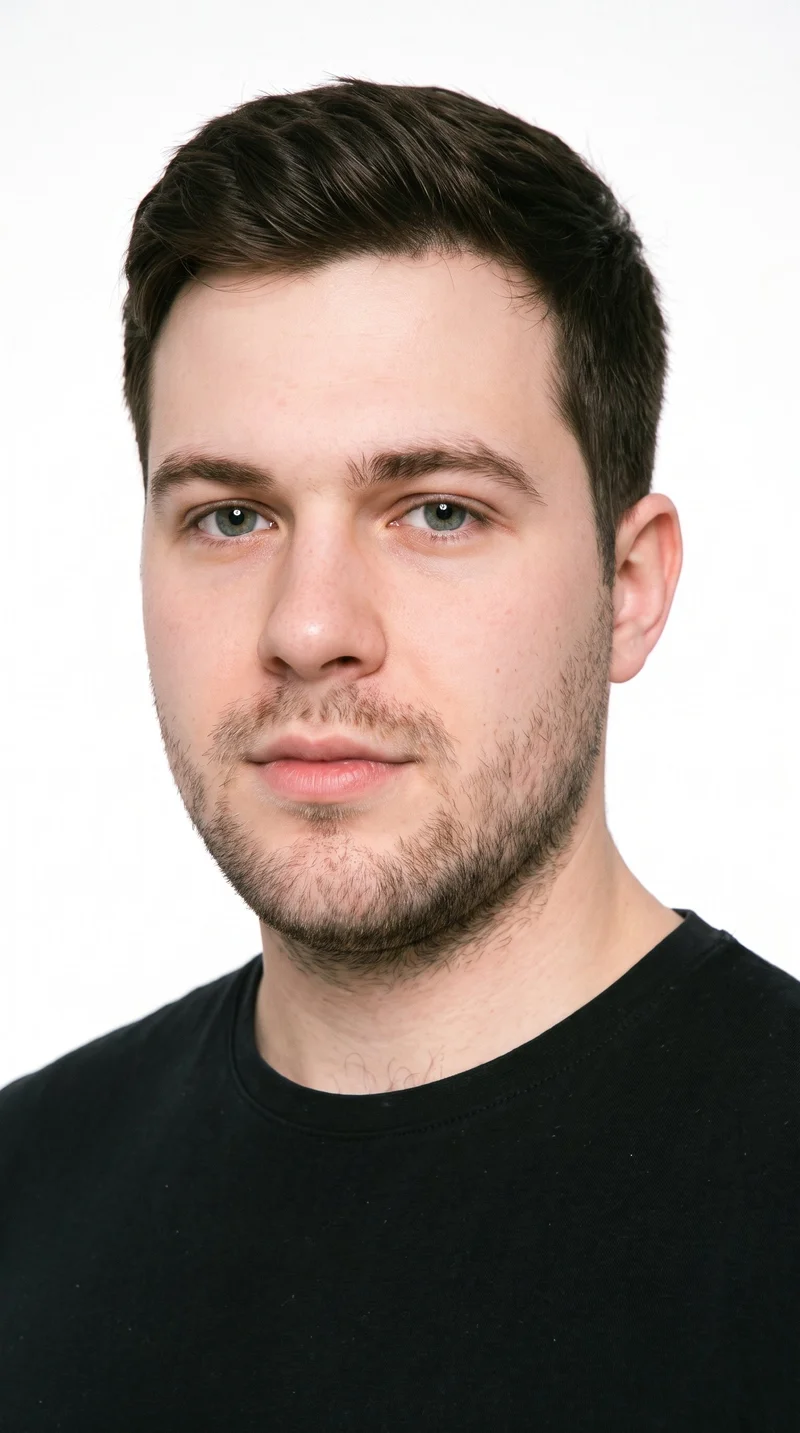 This 26-year-old Caucasian man has fair skin with a cool undertone and a round face defined by soft, full contours and few angles. His eyebrows are thin, and his eyes are blue with a cool undertone. He has medium-sized lips, dark-brown hair in a two-block style with short sides and back and a longer, fuller top, and dense heavy stubble forming a dark, defined layer across the beard area.