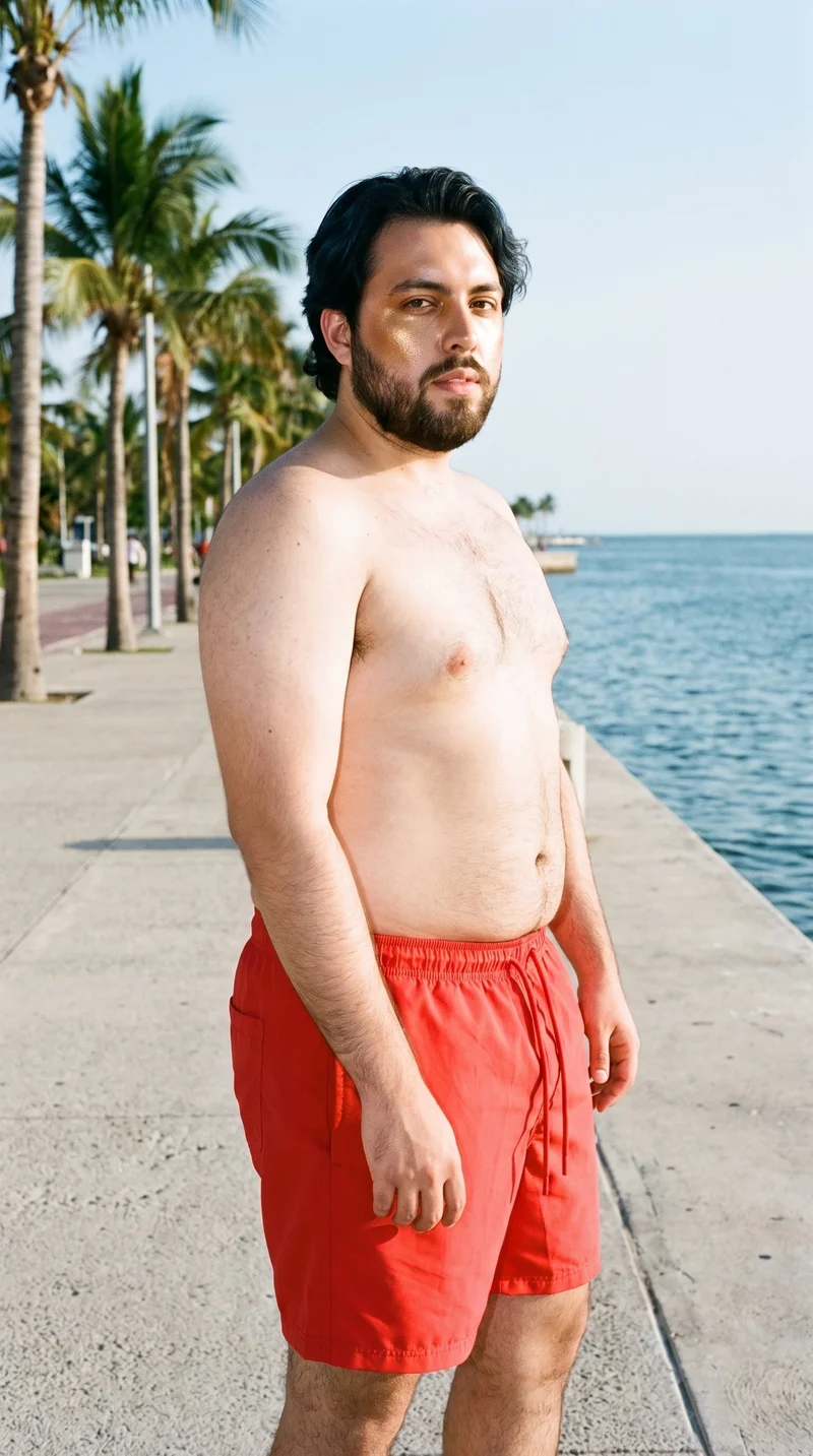 Red Swim Trunks, Three-quarter length at Angled front, Natural E-Commerce lighting