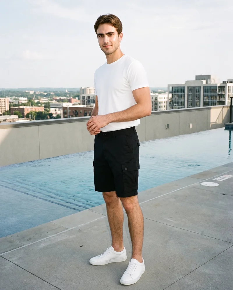 An 18-year-old Caucasian male model wears black cargo shorts in a full-body, angled-front view with his hands held in front. The backdrop is a rooftop infinity pool, and his expression is natural.
