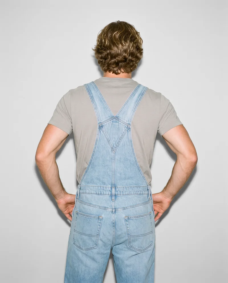 Men's Light Wash Denim Dungarees, Three-quarter length at Back, Clean Catalog lighting