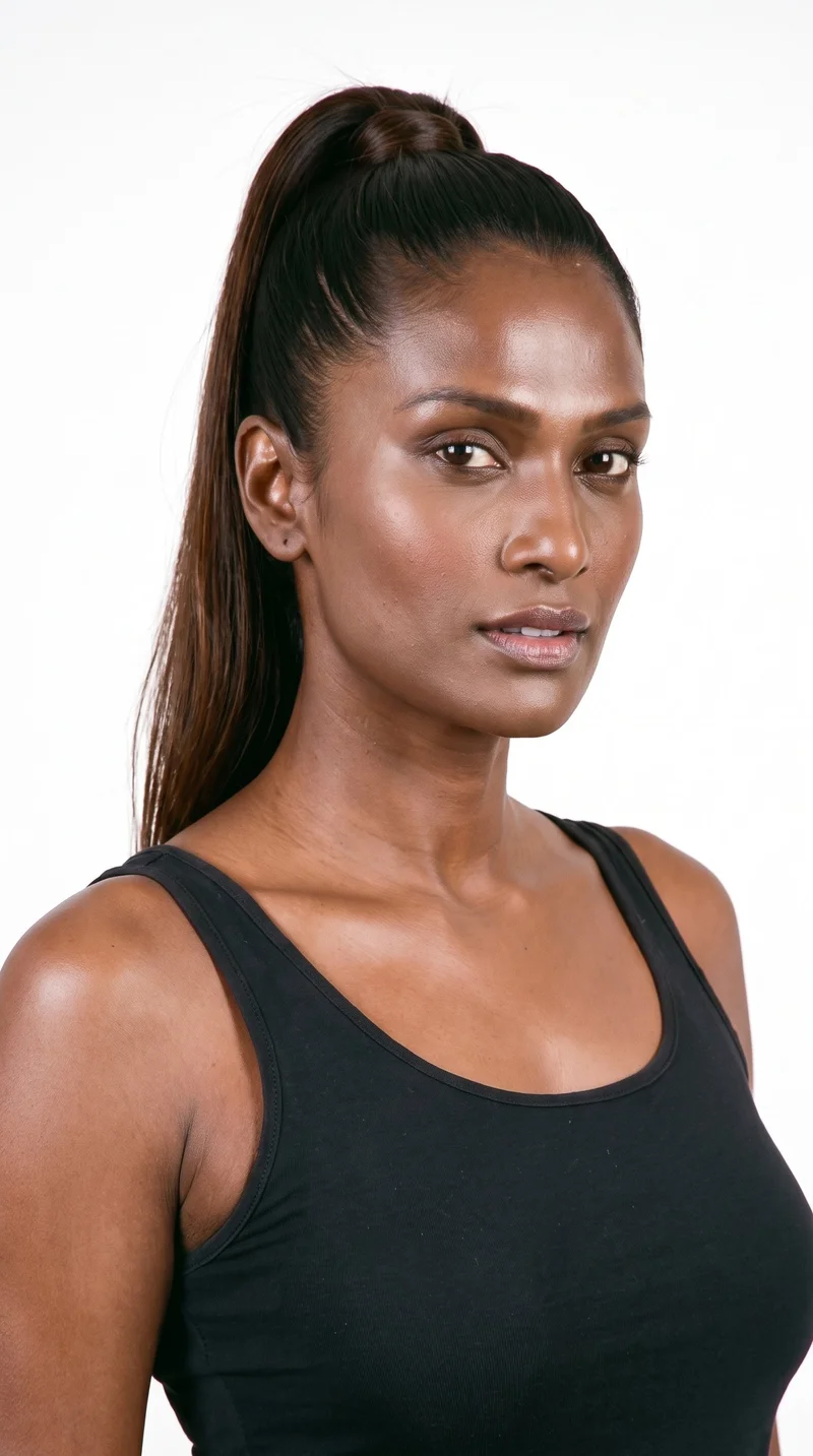 A 37-year-old Indian woman with dark-brown skin and a warm golden undertone. Her triangular face has a wide jaw that narrows toward the forehead, emphasizing the lower face. She has medium-thickness eyebrows, brown eyes, and medium lips. Her dark-brown hair is pulled into a high ponytail on the crown.