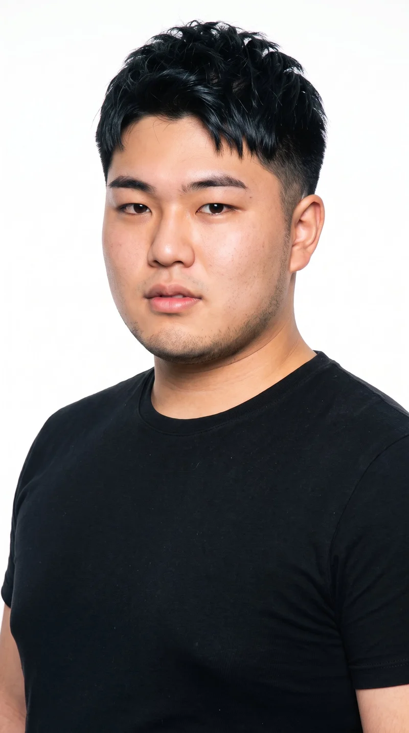 An 18-year-old Japanese man with light-tan skin and a neutral undertone. His diamond-shaped face has a narrow forehead and jaw, with the greatest width at the cheekbones. He has medium-thickness eyebrows, very dark near-black eyes, and thin lips. His black hair is cut in a short textured crop with layered texture on top and closely cut sides. Fine, closely trimmed stubble lightly covers the beard area.
