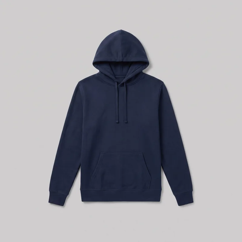 Women's navy cotton pullover hoodie shown in a full front-facing product view. It has an attached hood with a center seam and flat drawcords, long sleeves with ribbed cuffs, a ribbed hem, and a front kangaroo pocket with angled openings and visible topstitching. No logos, prints, patches, embroidery, or embellishments are visible.