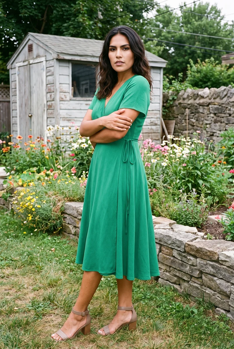 Emerald Green Wrap Dress, Full body at Three-quarter, Clean Catalog lighting
