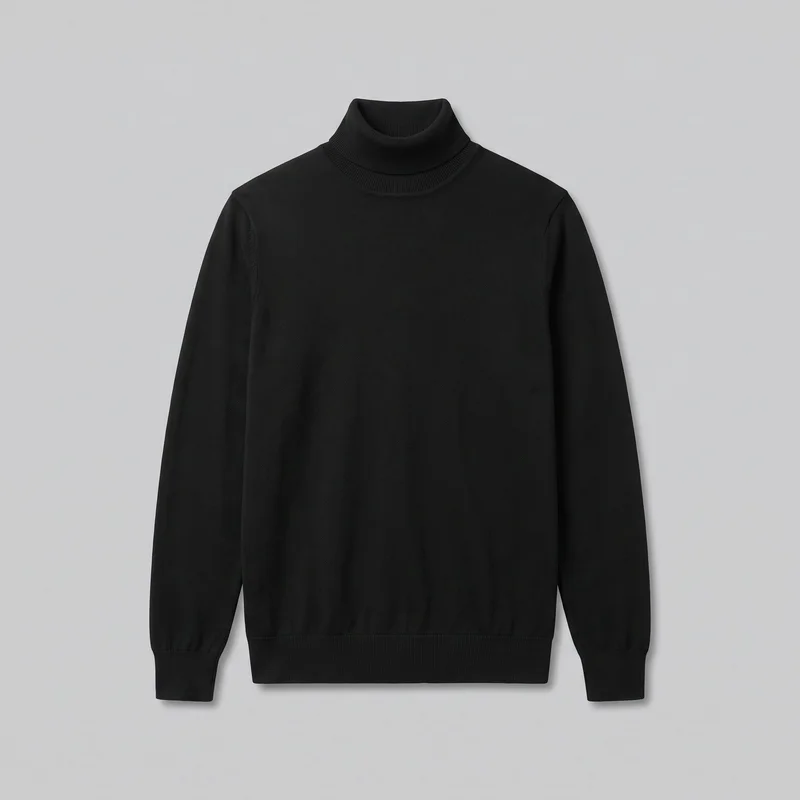 A black men's pullover turtleneck sweater is shown alone in a full front view, laid flat or displayed without a model. It has a fold-over high neckline, long sleeves, a straight hem, and a simple unbroken front, with ribbed bands at the collar, cuffs, and bottom hem.