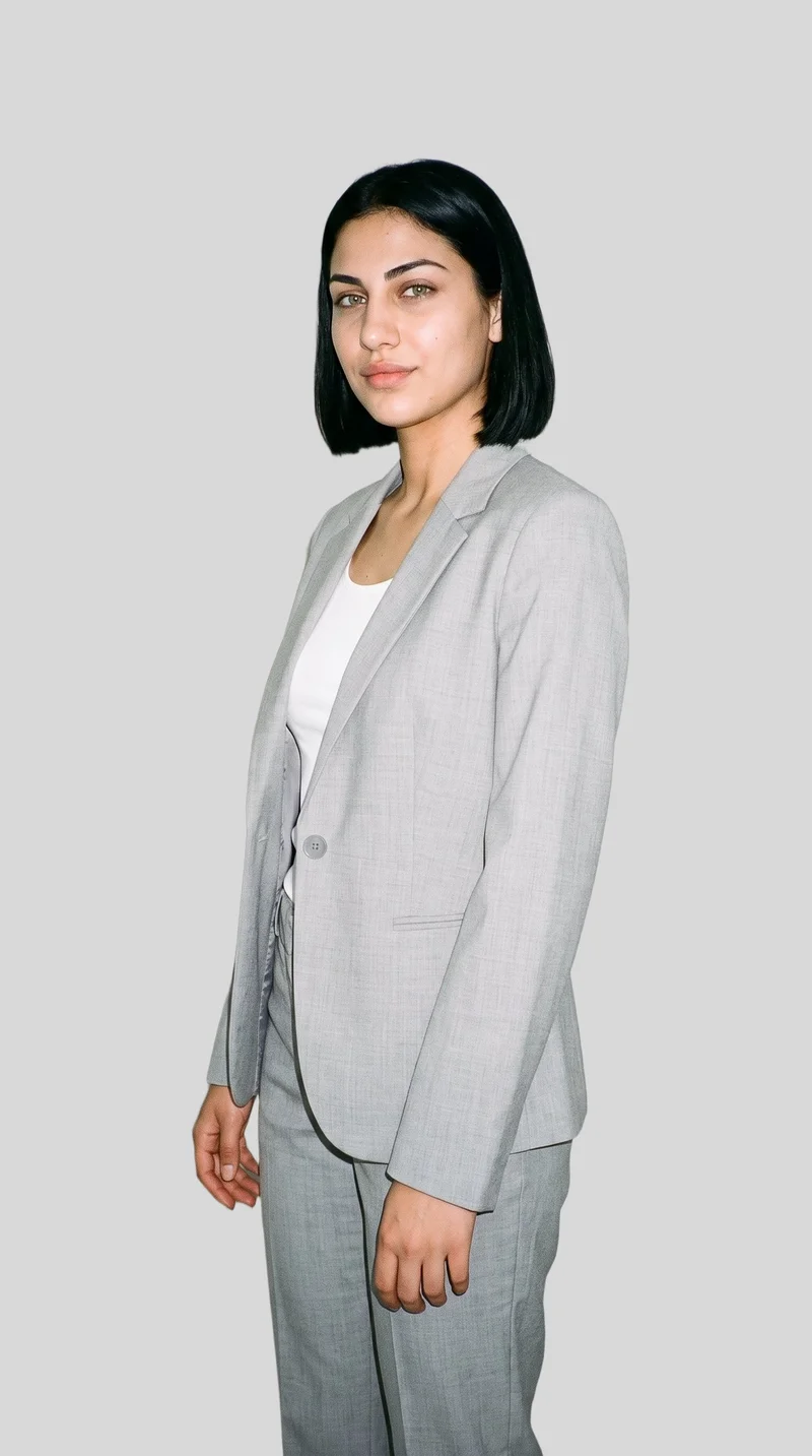 Women's Light Grey Suit, Upper body at Angled front, Studio Cutout lighting