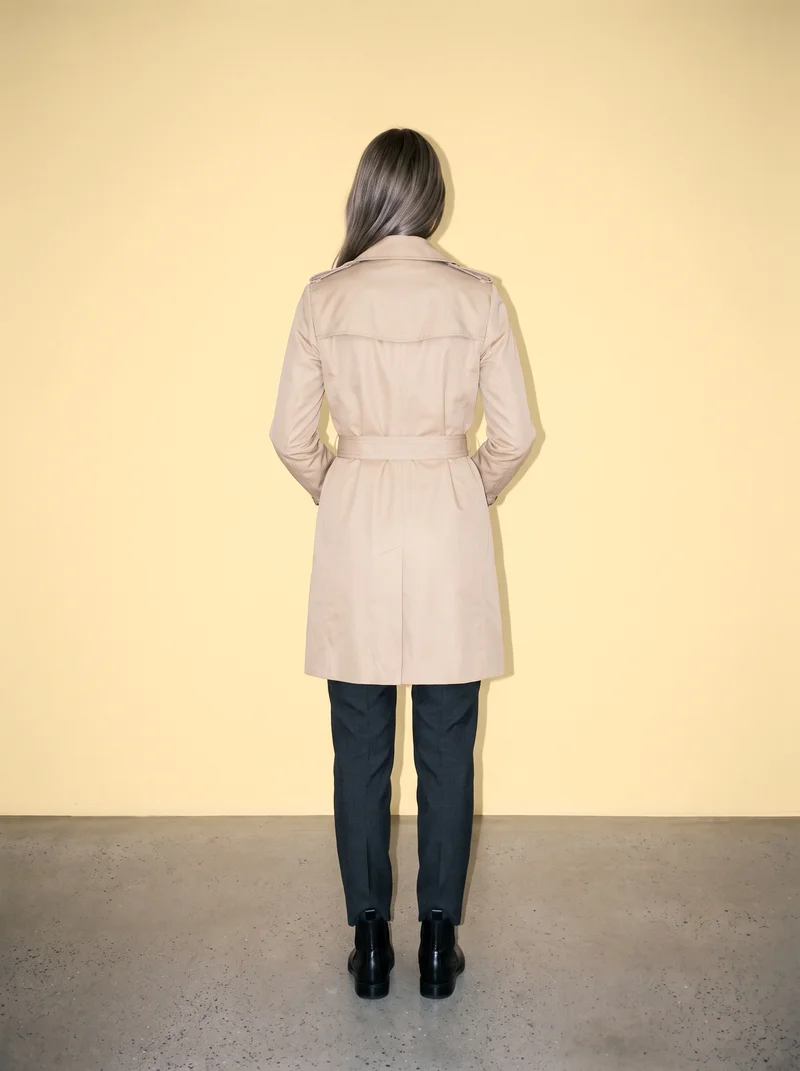 A 22-year-old Caucasian woman wears a women's stone cotton trench coat, shown full body from the back with her hands behind her back. A peach studio-wall backdrop frames the composition.