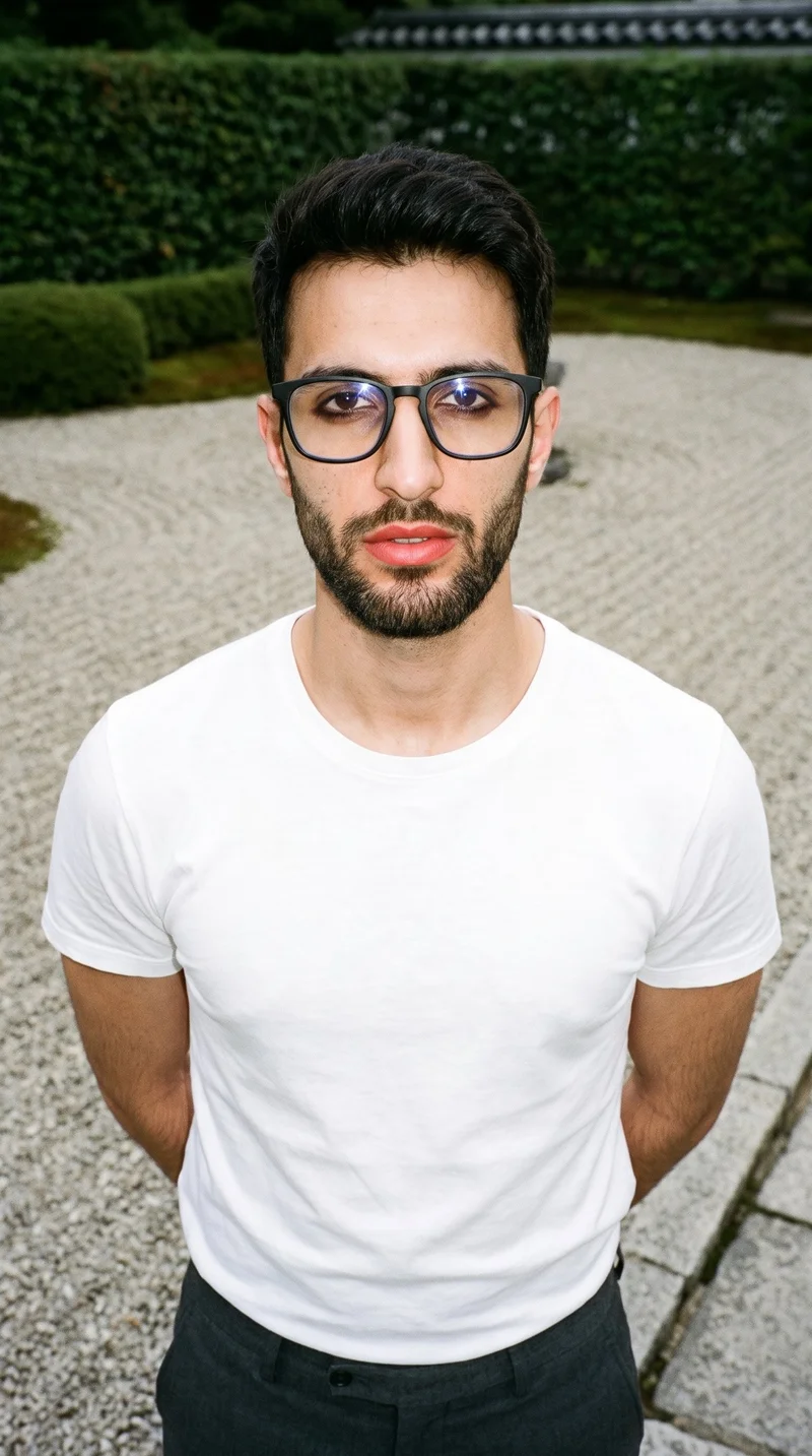 A 24-year-old Arab man wears black blue-light glasses in an upper-body front view. He stands with his hands behind his back and a natural facial expression, against a Zen rock garden backdrop.