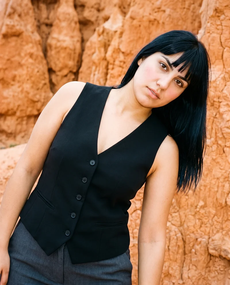 Women's Black Waistcoat, Upper body at Three-quarter, Clean Catalog lighting