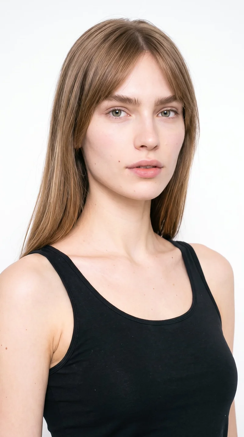 A 22-year-old Slavic woman with fair skin and a neutral undertone has a softly rounded face with large, even features. Her thick eyebrows frame grey eyes with a cool, clear tone, and she has full lips. Light-brown hair falls with a centre part and longer curtain bangs that frame both sides of her face.