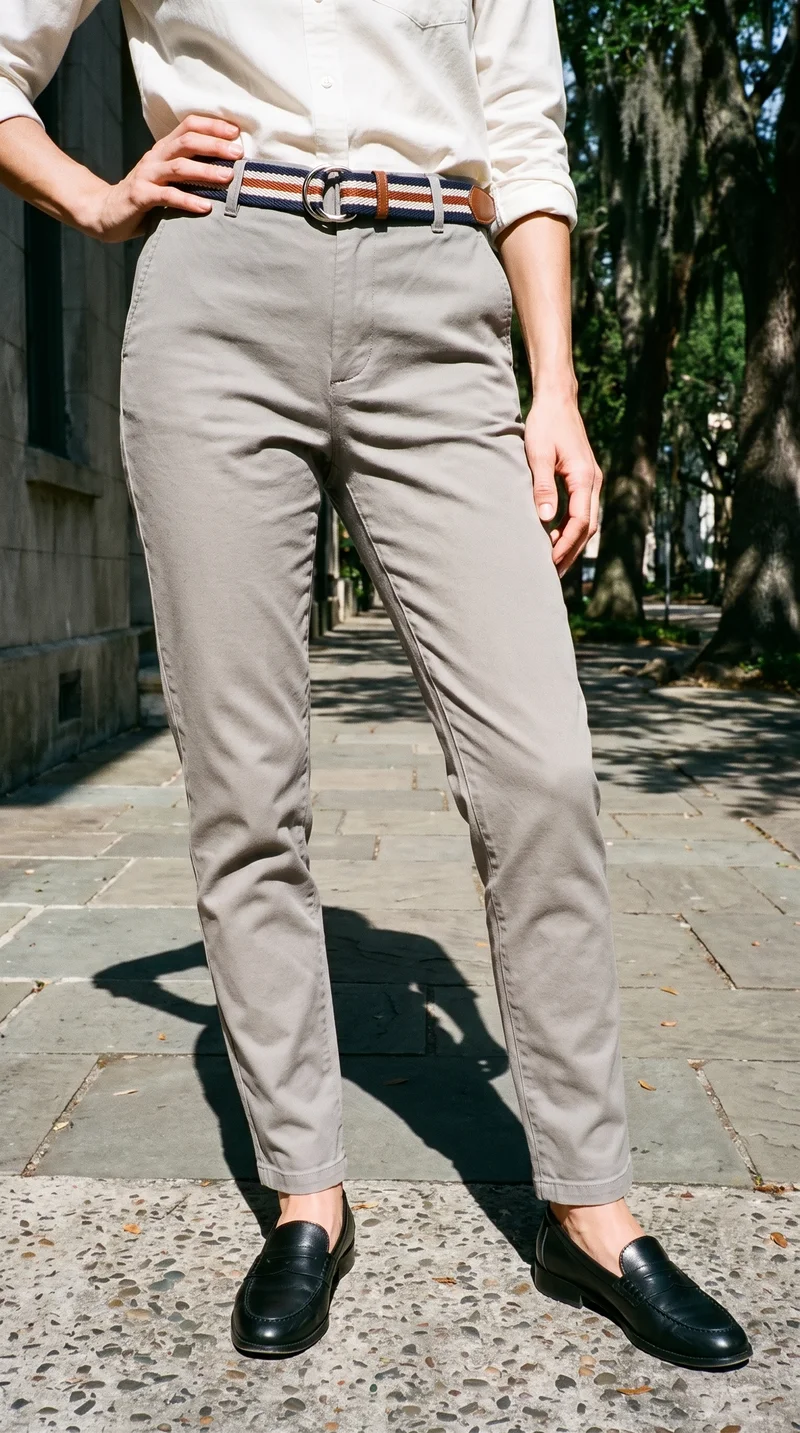 A woman's striped woven belt is shown around the lower body in a front view, with the knees turned inward. The Spanish Moss Historic Square appears as the backdrop.